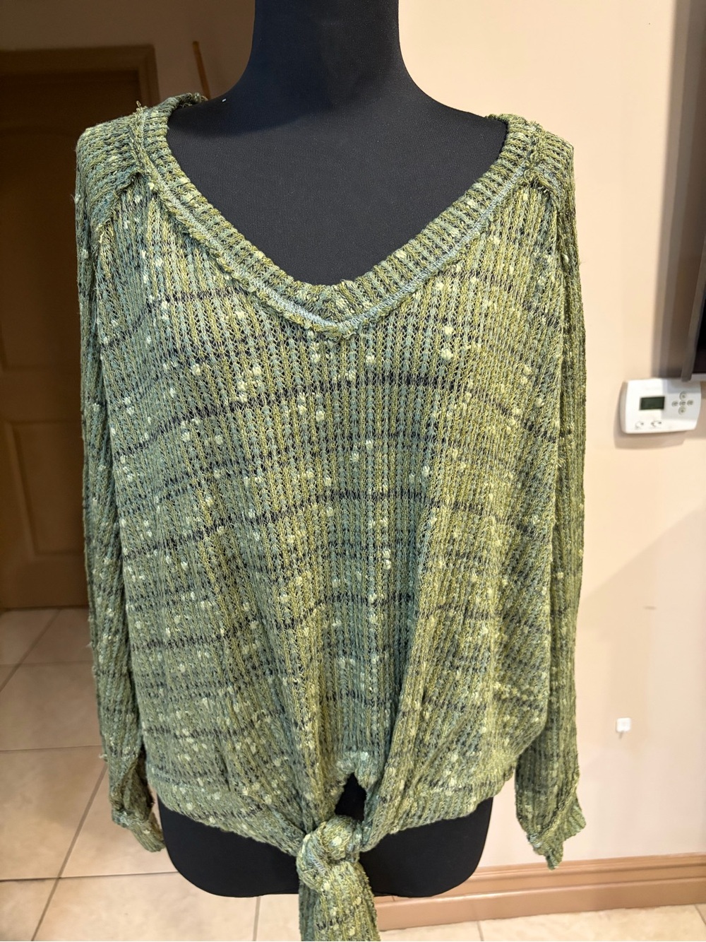 Blu Pepper Olive Green Knit V-Neck Tie-Front Sweater